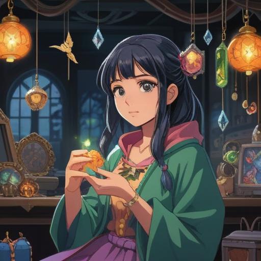 A whimsical illustration of a young woman discovering a magical lucky accessory, sparkling jewelry glowing in her hands, surrounded by stylish clothing hanging in her closet, vibrant colors, a feeling of joy and excitement, fashion items scattered around, enchanting atmosphere, 4k