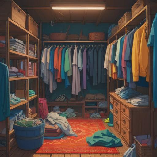 A serene and peaceful scene depicting the act of decluttering clothes, vibrant clothes laid out, a sense of release and renewal, soft light illuminating the space, a meditative atmosphere, symbols of spirituality such as crystals and incense, a feeling of liberation and clarity, balanced composition, mindfulness theme