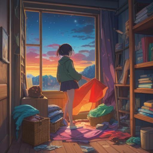 A serene and tranquil scene depicting a person joyfully decluttering clothes, vibrant light filtering through a window, an aura of positive energy surrounding them, symbols of spiritual awakening in the air, sense of liberation, a cluttered closet transforming into a peaceful space, soft pastel colors, harmonious atmosphere, visualizing personal growth and clarity, 4k