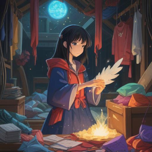 A serene scene depicting a person sorting through clothes, surrounded by ethereal light, symbols of spiritual guidance like feathers and crystals, a feeling of clarity and peace, gentle expressions on the person's face, clutter turned into positive energy, harmonious color palette, emphasis on mindfulness and intuition, 4k