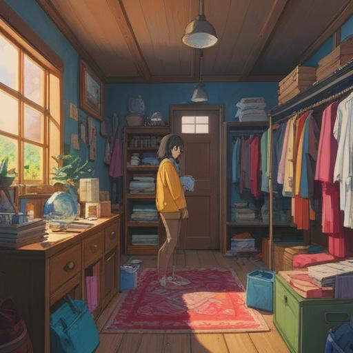 A bright and inspiring scene depicting a cozy room filled with clothes ready for donation, a cheerful person happily sorting through their belongings, lucky items like a four-leaf clover and a lucky charm visible among the clothes, sunlight streaming through the window, a sense of accomplishment and positivity in the air, clean and minimalist aesthetics, 4k