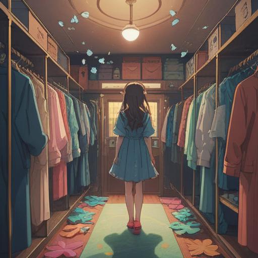 A serene and enlightening scene depicting a person standing in a changing room surrounded by various outfits, ethereal light illuminating the space, symbolic butterflies representing transformation, subtle energy patterns in the air, thoughtful expression on the person's face, guardian spirits hovering nearby, gentle aura of spiritual guidance, pastel colors, harmonious atmosphere, 4k