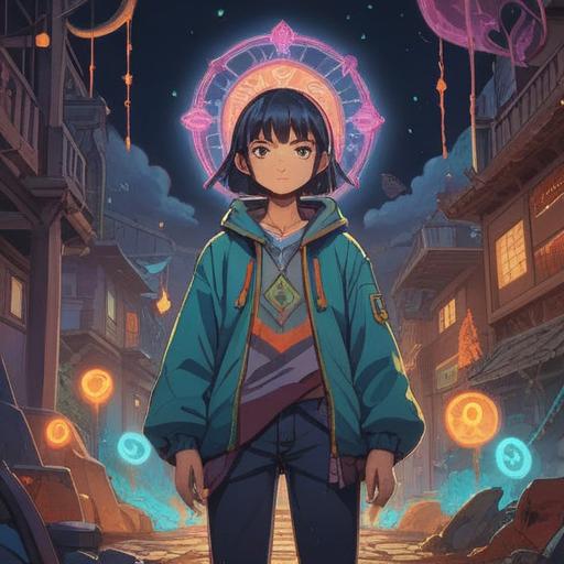 A surreal illustration of a person wearing clothes backward and frontward, surrounded by glowing symbols representing spiritual signs, a dreamy atmosphere, ethereal light, flowing fabrics that blend into the background, vivid colors, expressive facial expressions conveying confusion and realization, floating orbs symbolizing awareness, nature elements like trees and stars, 4k