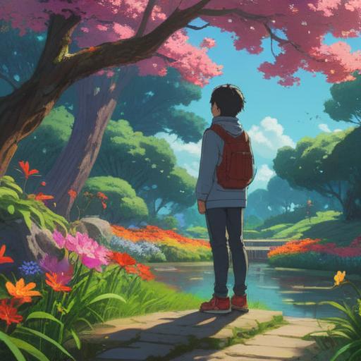 A reflective scene of a person standing in a tranquil park, contemplating past mistakes, surrounded by blooming flowers symbolizing growth, an open book on a bench depicting lessons learned, soft sunlight filtering through trees, a calm water fountain nearby, peaceful atmosphere, introspective mood, 4k