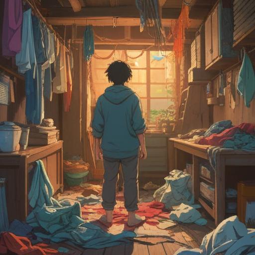 A serene and contemplative scene depicting the act of discarding clothes, symbolic of spiritual cleansing and renewal, a person standing amidst a gentle breeze, clothes floating softly around them, an aura of tranquility and enlightenment, surrounded by nature, soft light filtering through trees, ethereal atmosphere, harmonious colors, conveying a sense of liberation and inner peace, 4k