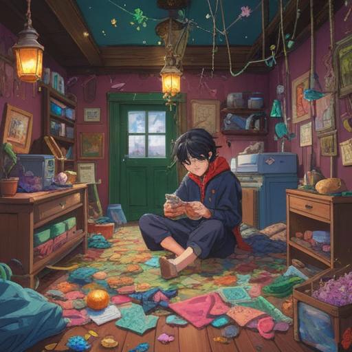 A whimsical illustration of a person joyfully discarding old clothes, surrounded by sparkling lucky charms and talismans, vibrant colors, magical atmosphere, sunshine filtering through trees, elements of luck like four-leaf clovers and horseshoes, cheerful expression, feeling of freedom and new beginnings, 4k