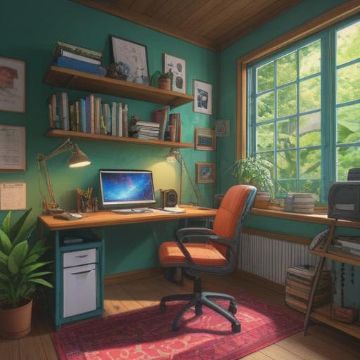 A minimalistic and organized workspace, various documents neatly stacked, a digital tablet displaying creative ideas, a comfortable chair and a coffee cup, natural light streaming through a window, a sense of productivity and focus, 4k
