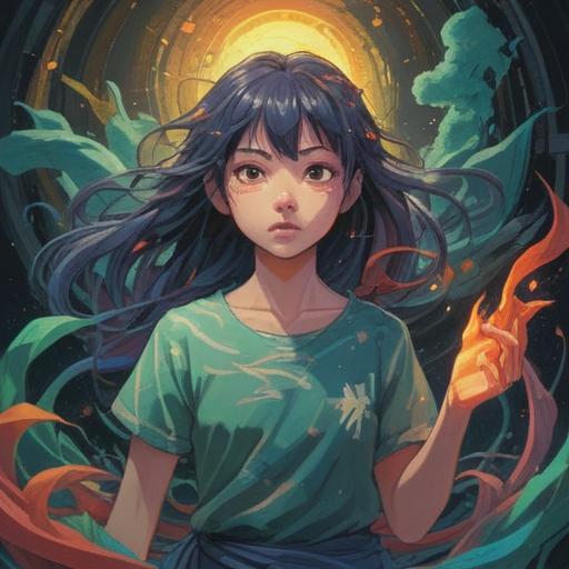 A spiritual illustration depicting the act of shedding layers, symbolic representation of personal growth, ethereal light surrounding a figure, emotions of liberation and transformation, nature elements intertwined with fabric remnants, serene background, vibrant energy, peaceful yet empowering atmosphere, 4k