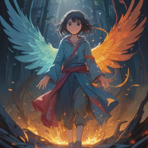 A thought-provoking illustration depicting a spiritual transformation, frayed and torn clothing symbolizing change, ethereal light surrounding the figure, a calm expression reflecting inner awareness, symbolic elements like butterflies and strings, dreamy atmosphere, spiritual journey, vivid colors, enchanting background, 4k