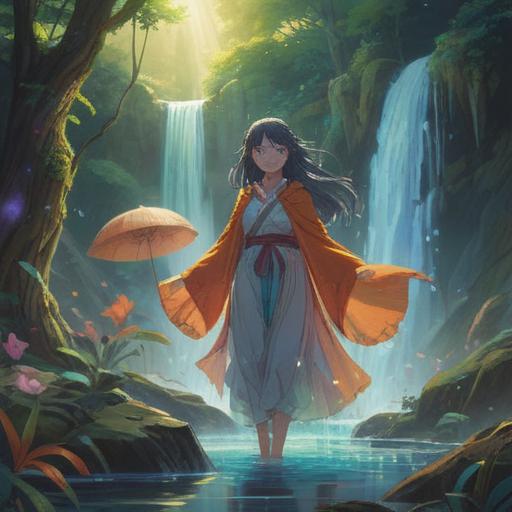 A mystical scene depicting the spiritual significance of soiled clothes, ethereal light illuminating a character, symbolic elements like a cleansing waterfall and floating orbs, subtle signs indicating awareness and intuition, serene atmosphere, vibrant colors, contemplative mood, 4k