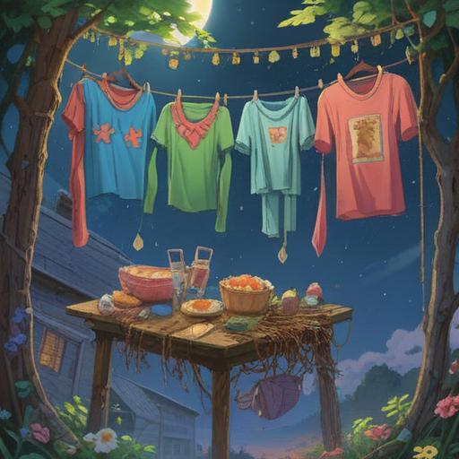 A surreal illustration of a lucky charm concept when clothes are dirty, featuring a whimsical charm hanging from a vintage clothesline, with splattered paint and stains on a shirt below, surrounded by colorful, playful symbols of good fortune, enchanting light effects, inviting atmosphere, imaginative details, eye-catching aesthetics, 4k