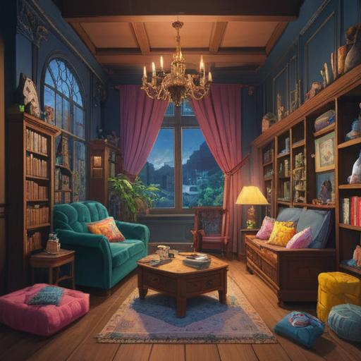 A whimsical collection of uplifting items designed to lighten the mood, bright colors, cheerful atmosphere, thoughtful arrangement of cozy objects like soft pillows, soothing candles, inspirational books, and joyful plants, inviting and serene setting, 4k