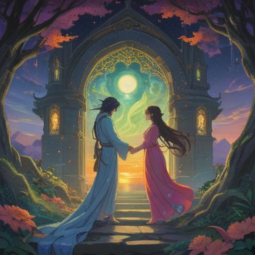 A serene and mystical scene representing spiritual reconciliation, two ethereal figures symbolizing past lovers surrounded by a luminous aura, intertwined in a gentle embrace, soft light illuminating a tranquil forest background, symbols of love and connection in the air, harmonious colors blending seamlessly, tranquil atmosphere, 4k