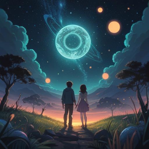A mystical and serene illustration of a couple standing under a starlit sky, surrounded by glowing orbs symbolizing spiritual signs, gentle ethereal light illuminating their faces, nature elements like trees and flowers, peaceful atmosphere, hints of hope and reconciliation, soft pastel colors, dreamlike quality, 4k