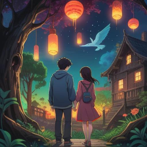 A mystical illustration capturing the concept of spiritual signs before rekindling a relationship, ethereal symbols glowing in the night, a couple contemplating their past under a starry sky, surrounded by nature's quiet beauty, deep emotional connection, tranquility in their expressions, 4k