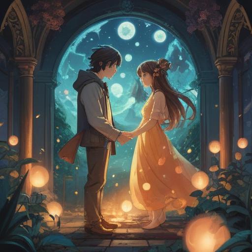 A serene and mystical illustration, depicting a couple surrounded by ethereal light, symbolizing a spiritual reunion, soft and glowing orbs floating around them, backgrounds of gentle nature, representing growth and healing, deep emotional connection, vibrant yet calming colors, 4k