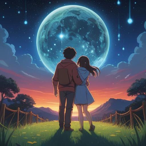 A serene and ethereal scene depicting a couple reconnecting under a starlit sky, soft glowing orbs symbolizing positive energy surrounding them, gentle lavender hues, representation of spiritual growth and healing, nature elements like blooming flowers and flowing water, an aura of hope and renewal, 4k