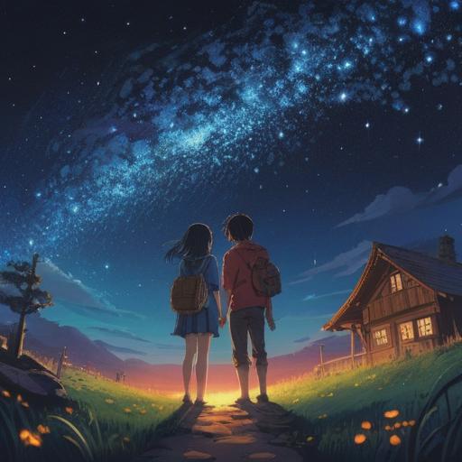 A spiritual illustration of a reunion and reconciliation, two figures embracing under a starry sky, glowing light around them symbolizing their connection, serene atmosphere, ethereal elements like floating orbs and soft wisps of energy, nature surrounding them with blooming flowers representing new beginnings, 4k