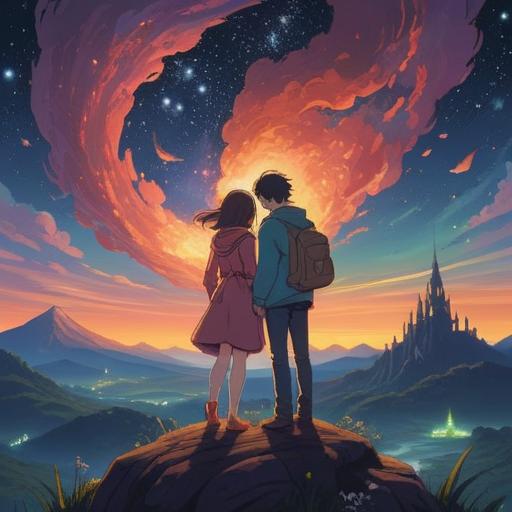 A serene and mystical landscape, a couple embracing under a starry night sky, radiant glow surrounding them, symbols of spiritual connection like heart shapes and glowing orbs, butterflies representing transformation, lush greenery and soft light, peaceful and harmonious atmosphere, 4k