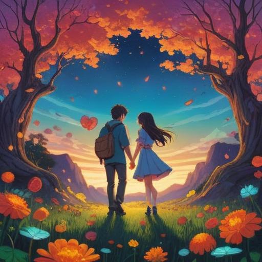 A captivating illustration of a couple reuniting under a colorful, enchanted sky, surrounded by symbolic lucky items like four-leaf clovers and lucky charms, emotional expressions on their faces, a serene and magical atmosphere, vibrant colors, intricate details, romantic and hopeful vibes, 4k
