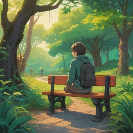 A serene and inviting scene depicting a peaceful nature setting, a person sitting on a bench in a lush park, engaging in deep conversation with a friend, open body language, warm smiles, soft sunlight filtering through the trees, clear blue sky, promoting connection and understanding, feeling of openness and acceptance, tranquil atmosphere, 4k