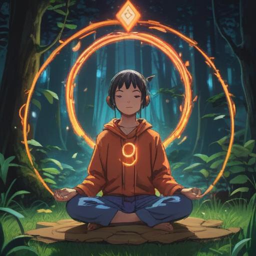 A serene illustration of a person meditating in nature, focusing on their unique ears, surrounded by glowing symbols representing spiritual energy, ethereal light, lush greenery, soft sunlight filtering through trees, calm expression, mystical atmosphere, detailed texture, 4k