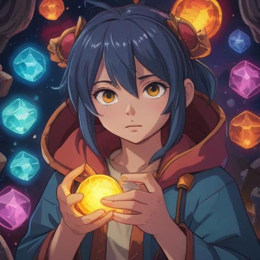 A person with accessory ears, surrounded by a mystical aura, holding a variety of spiritual power stones, vibrant colors, detailed textures of the stones, serene expression, ethereal background with soft lighting, nature elements, harmony and balance, 4k