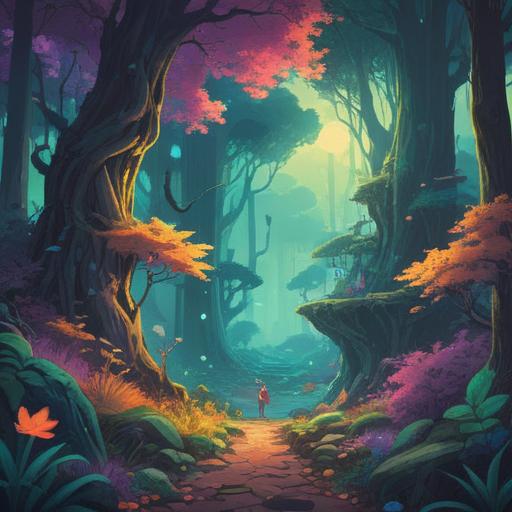 A serene and mystical landscape, vibrant energy flowing through nature, subtle presence of a spirit guide, deep connection with the universe, peaceful meditation setting, soft glowing aura around the protagonist, intricate details of flora and fauna, harmonious colors, 4k