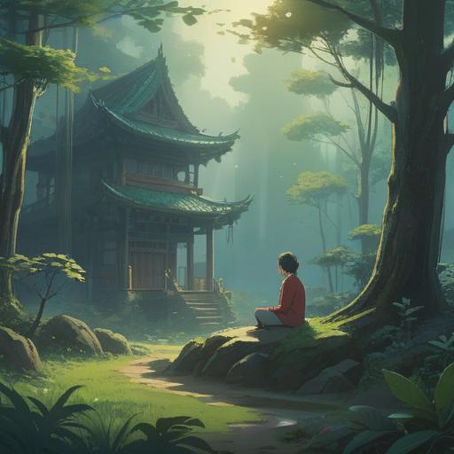 A serene and mystical landscape, gentle light filtering through lush trees, ethereal mist enveloping the scene, a figure meditating peacefully, symbols of healing and intuition surrounding them, vibrant flowers blooming, representing renewal and clarity, a soft glow illuminating the area, 4k