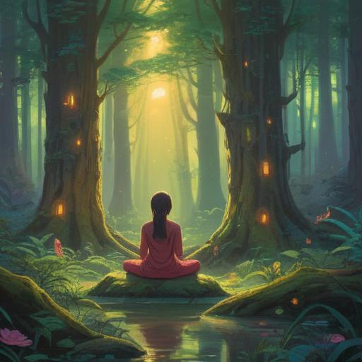 A mystical forest scene, ethereal light filtering through the trees, a figure meditating, surrounded by symbols of spiritual awareness, healing energies, signs of imbalance represented by dark clouds, vibrant flora, serene atmosphere, introspective mood, 4k