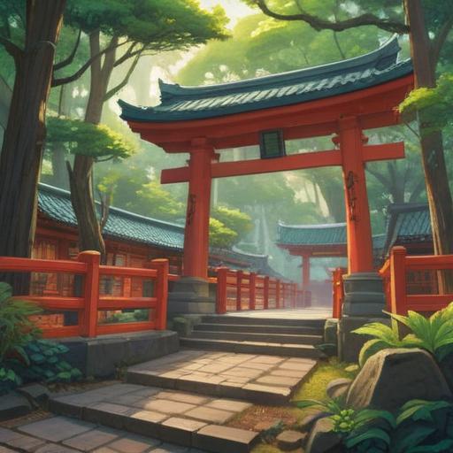 A serene illustration of Fushimi Washi Shrine, surrounded by lush greenery, mystical atmosphere, soft light filtering through the trees, traditional Japanese architecture, sacred torii gate, tranquil pond reflecting the shrine, spiritual energy, peaceful worshippers, harmonious connection with nature, 4k