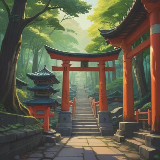 A serene illustration of Fushimi Shrine, vibrant torii gates, lush greenery surrounding the shrine, spiritual atmosphere, ethereal light filtering through trees, visitors experiencing a sense of tranquility, symbols of good fortune represented in the scenery, vibrant colors, peaceful energy, 4k