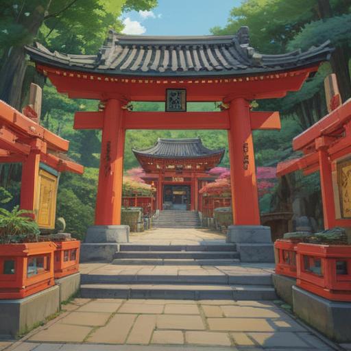 A serene illustration of Fushimi Kanbe Shrine, vibrant greenery surrounding the peaceful shrine, visitors observing spiritual signs before entering, subtle ethereal glows symbolizing guidance, traditional Japanese architecture, tranquil atmosphere, sacred environment, 4k