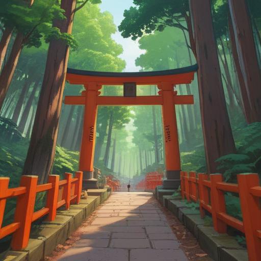 A serene illustration of Fushimi Inari Shrine, early morning light filtering through lush green trees, vibrant red torii gates leading the way, a peaceful visitor holding a lucky charm, gentle breeze rustling the leaves, ethereal atmosphere, traditional Japanese architecture, detailed stone pathways, 4k