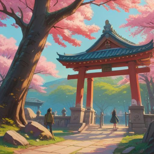 A serene scene depicting a visitor reflecting peacefully after a shrine visit, tranquil atmosphere, cherry blossoms gently falling, warm sunlight filtering through trees, traditional Japanese architecture in the background, thoughtful expression on the visitor's face, spiritual connection, calm and meditative mood, nature's beauty, 4k