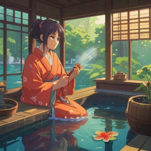 A serene and meditative scene, a person cleaning a traditional Japanese bath, steam rising gently, surrounded by calming water, warm sunlight filtering through a window, symbols of purification and renewal, motivational energy flow, peaceful expression, harmony with one's inner self, 4k
