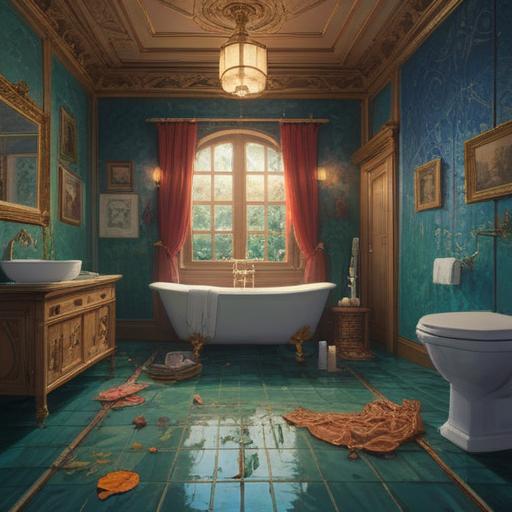 A serene bathroom scene, highlighting the act of cleaning the bath, spiritual symbols subtly integrated, vibrant energy flow, light reflecting off water droplets, a sense of purification and renewal, peaceful atmosphere, calming colors, harmonious composition, 4k