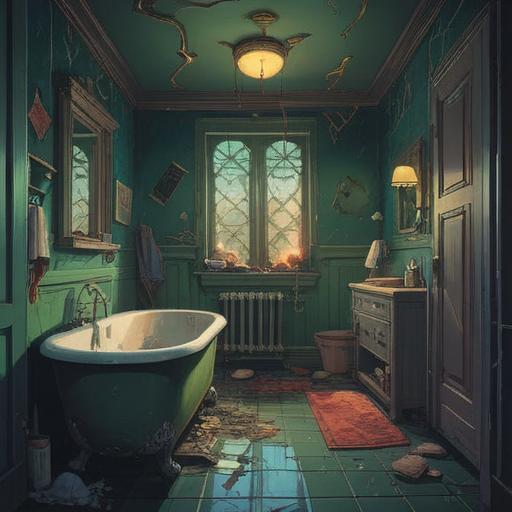 A surreal and introspective illustration, dimly lit bathroom, dirty bathtub with unsettling shadows, spiritual symbols such as a broken mirror and withering plants, a ghostly figure whispering warnings, ethereal mist, contrasting elements of chaos and serenity, 4k