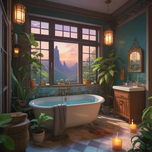 A serene bathroom scene, sparkling clean tub and tiles, bright sunlight streaming through the window, calming decor with plants and candles, a person happily scrubbing the tub, vibrant and positive energy, inviting atmosphere, 4k