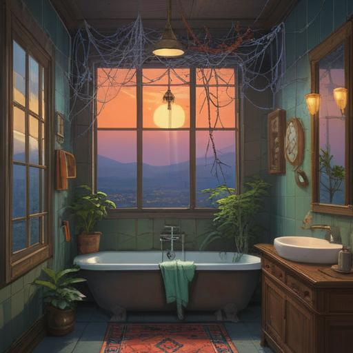 A serene bathroom scene, a spider weaving its intricate web in the corner, soft light filtering through a window, symbols of spirituality subtly integrated into the web design, a tranquil atmosphere, reflective water surface, natural elements like plants, an aura of mystery and enlightenment, 4k