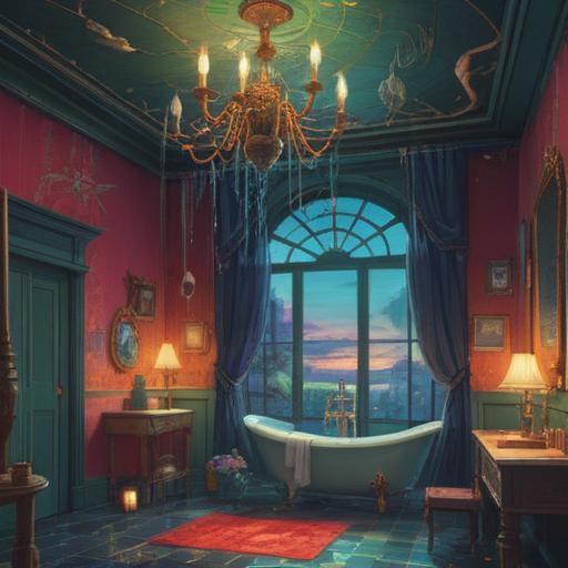 A mystical bathroom scene with a large, ethereal spider gracefully descending from the ceiling, warm light casting reflections on water, symbols of spirituality surrounding the spider, calm and serene atmosphere, hints of nature like plants and stones, a sense of awakening and positive energy, 4k