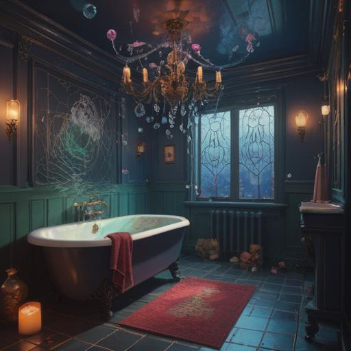 A serene bathroom with soft lighting, a large bathtub filled with bubbles, a shadowy figure of a spider appearing from the corner, spiritual aura surrounding the scene, hints of mystical energy, cautionary vibe, detailed textures of tiles and water, peaceful yet eerie atmosphere, inviting yet cautioning, 4k