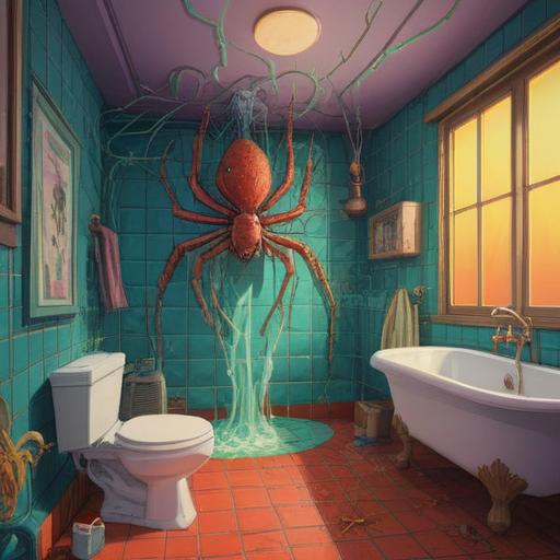 A surreal scene depicting a person discovering a spider in a bathroom, vibrant colors, whimsical atmosphere, unexpected lucky charm, the character displaying a surprised yet excited expression, a sense of transformation and fortune, playful details like glittering luck symbols, soft lighting, 4k