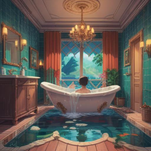 A serene bathroom scene, depicting a person slipping in the bath, surrounded by calming water ripples, a sense of unexpected enlightenment, soft light filtering through a window, ethereal steam rising, hints of spiritual awakening, a peaceful expression, nature-inspired decor, harmonious atmosphere, 4k