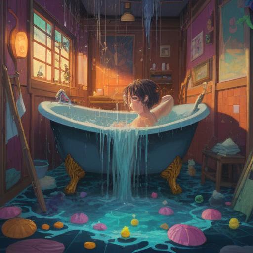 A whimsical illustration of a person slipping in a bath, surrounded by glowing spiritual symbols, water splashes with vibrant colors, ethereal light illuminating the scene, cautionary signs represented by ethereal creatures, serene expression on the character’s face, tranquility amidst chaos, soothing colors, 4k
