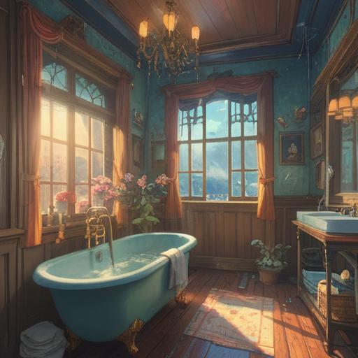 A whimsical scene depicting a serene bathroom after a playful slip, fragrant steam swirling in the air, soft sunlight filtering through a frosted window, a bottle of essential oil on the edge of the tub symbolizing good luck, serene water droplets glistening on the tiles, calming color palette, inviting atmosphere, delicate floral patterns, 4k
