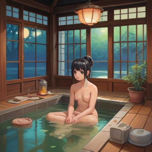 A serene and contemplative scene of a person sitting in a traditional Japanese bath, surrounded by a peaceful ambiance, a large spider spinning a delicate web in the corner, gentle steam rising from the water, soft rays of light filtering through, representing introspection and spiritual awakening, harmonious colors, tranquil atmosphere, reflection and solitude, 4k