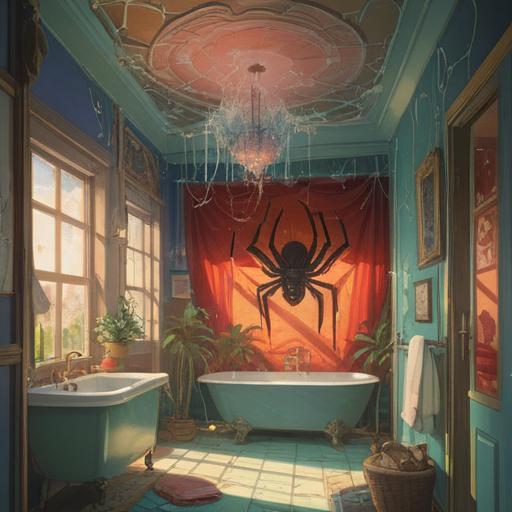 A serene bathroom scene, a small spider gracefully descending from the ceiling, warm sunlight filtering through frosted glass, symbolic representation of spiritual guidance, calm and peaceful atmosphere, gentle water sounds, soft steam rising, inviting and reflective mood, 4k