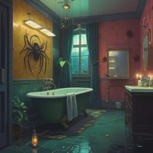 A serene bathroom scene with a large spider in the corner, soft lighting creating a tranquil atmosphere, water gently rippling in a bathtub, reflections of the spider casting shadows, spiritual symbols subtly integrated into the decor, an aura of mystery surrounding the spider, hinting at deeper meanings and spiritual warnings, calming colors, harmonious composition, 4k
