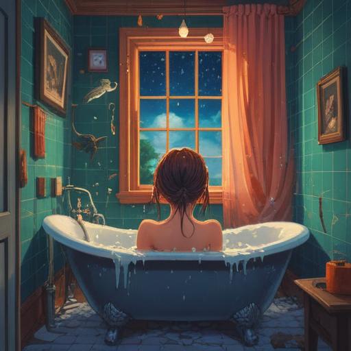 A serene bathroom scene, a person sitting peacefully in a bathtub, observing a spider on the wall, calming atmosphere, soft light filtering through a window, steam rising gently, a sense of mindfulness and tranquility, reflections in the water, a feeling of inner balance, lucky symbols subtly integrated, 4k